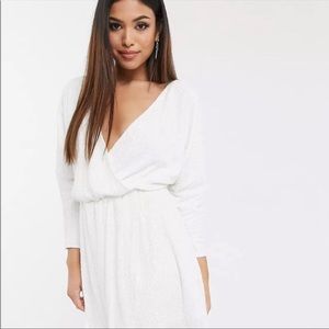 Club L London Petite Sequin Plunge Neck Long Sleeve Mini Dress